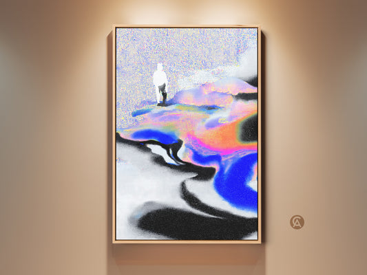 Gallery display of a contemporary abstract art print. A lone figure stands in a surreal landscape. The artwork features a dynamic blend of blue pink and orange hues. Perfect for modern bedroom decor or as a unique art lovers gift.