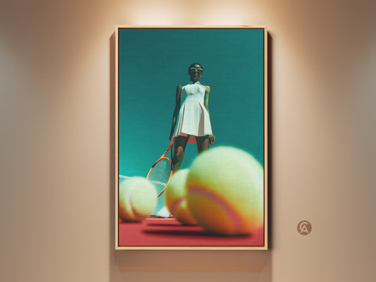 Framed artwork of a female tennis player in a white dress. She stands confidently on a red court with tennis balls scattered around. The vibrant teal background contrasts with the red court. A stylish piece perfect for sports enthusiasts. Add a touch of athletic elegance to your space with this captivating artwork.