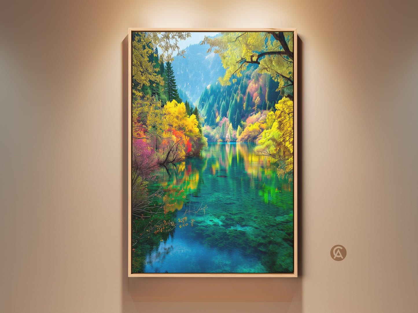 Experience the serene beauty of Jiuzhaigou Valley. This framed artwork captures the crystal-clear waters reflecting vibrant autumn foliage. Perfect wall art for nature lovers add tranquility to any room. Shop now for serene landscapes