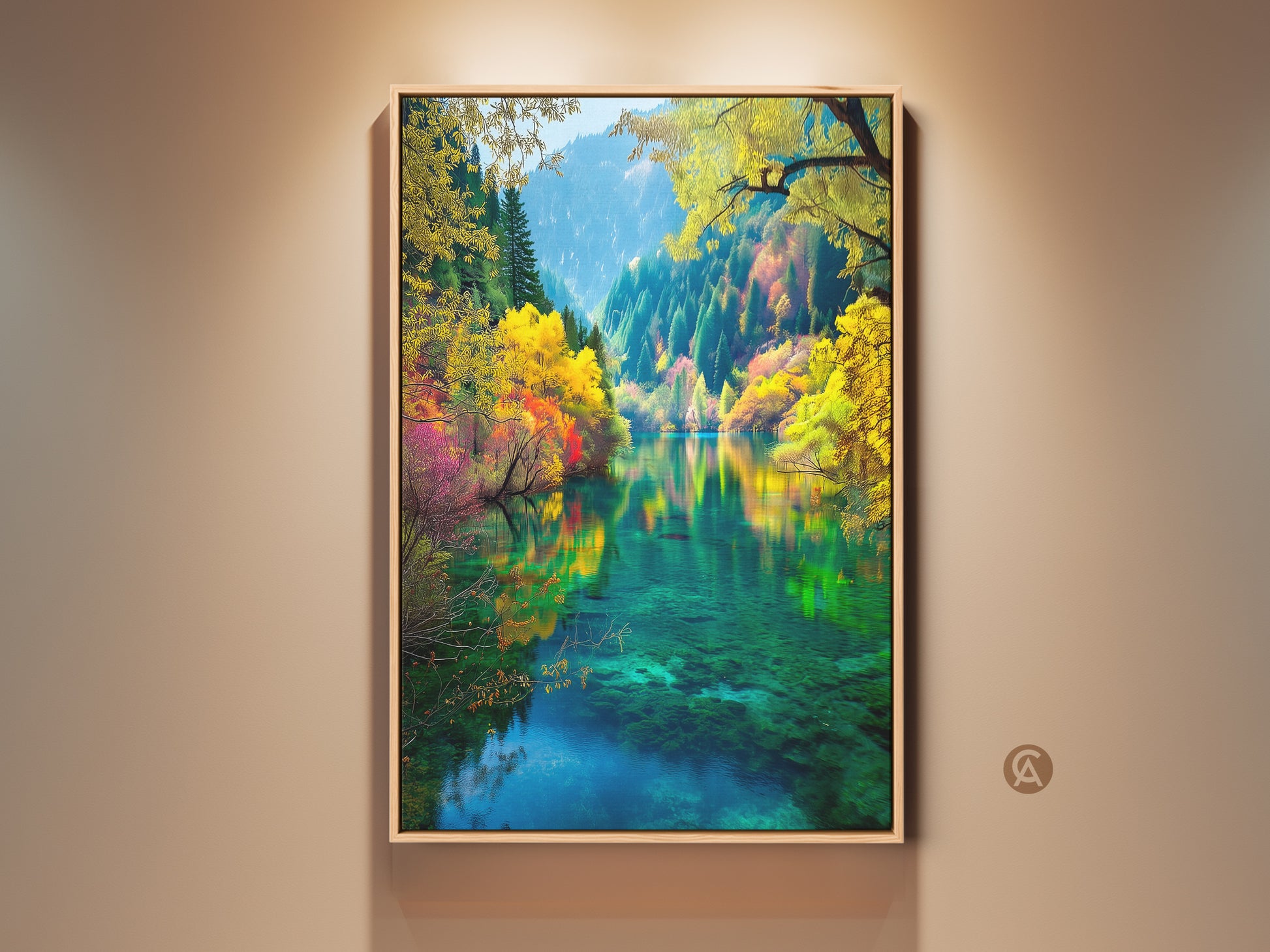 Experience the serene beauty of Jiuzhaigou Valley. This framed artwork captures the crystal-clear waters reflecting vibrant autumn foliage. Perfect wall art for nature lovers add tranquility to any room. Shop now for serene landscapes