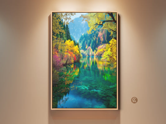 Experience the serene beauty of Jiuzhaigou Valley. This framed artwork captures the crystal-clear waters reflecting vibrant autumn foliage. Perfect wall art for nature lovers add tranquility to any room. Shop now for serene landscapes