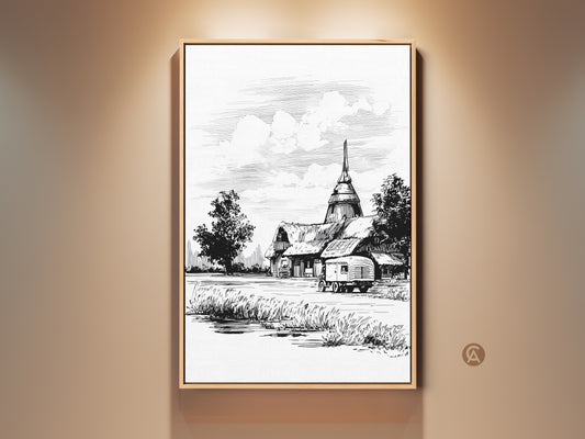 Framed farmhouse art print featuring a vintage truck and barn sketch. This black and white country wall decor adds rustic charm. Ideal for entry halls or as a housewarming gift. The artwork captures a rural scene with classic sketch style. This offers a timeless appeal for farmhouse-inspired interiors. High-quality print brings vintage character to any room.