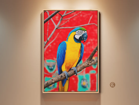 Eclectic tropical wall decor. A blue yellow macaw print on canvas. The bird art features a red teal abstract background. Add a vibrant animal portrait to your home office or bedroom.