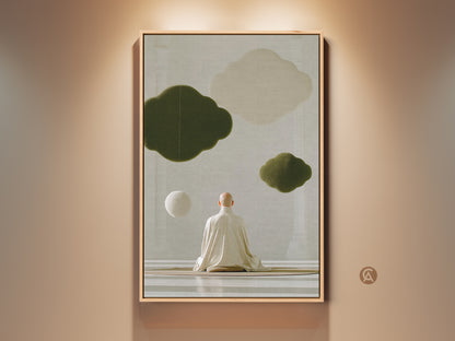Framed art print features a zen monk in meditation. Abstract olive green clouds float above in this spiritual canvas. The minimalist artwork is a housewarming gift for mindfulness. Bring a calming zen vibe to your space with this spiritual art print. Perfect neutral bedroom or calming office artwork.