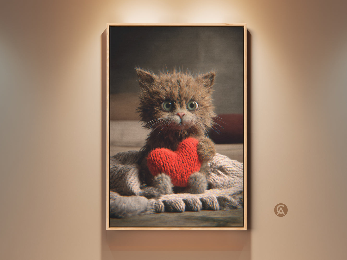 Charming kitten canvas art for eclectic home decor. A cute pet wall decor piece featuring a fluffy kitten holding a knitted red heart. Perfect cozy bedroom print or Valentine's Day gift. Bring warmth with this adorable animal lover artwork.