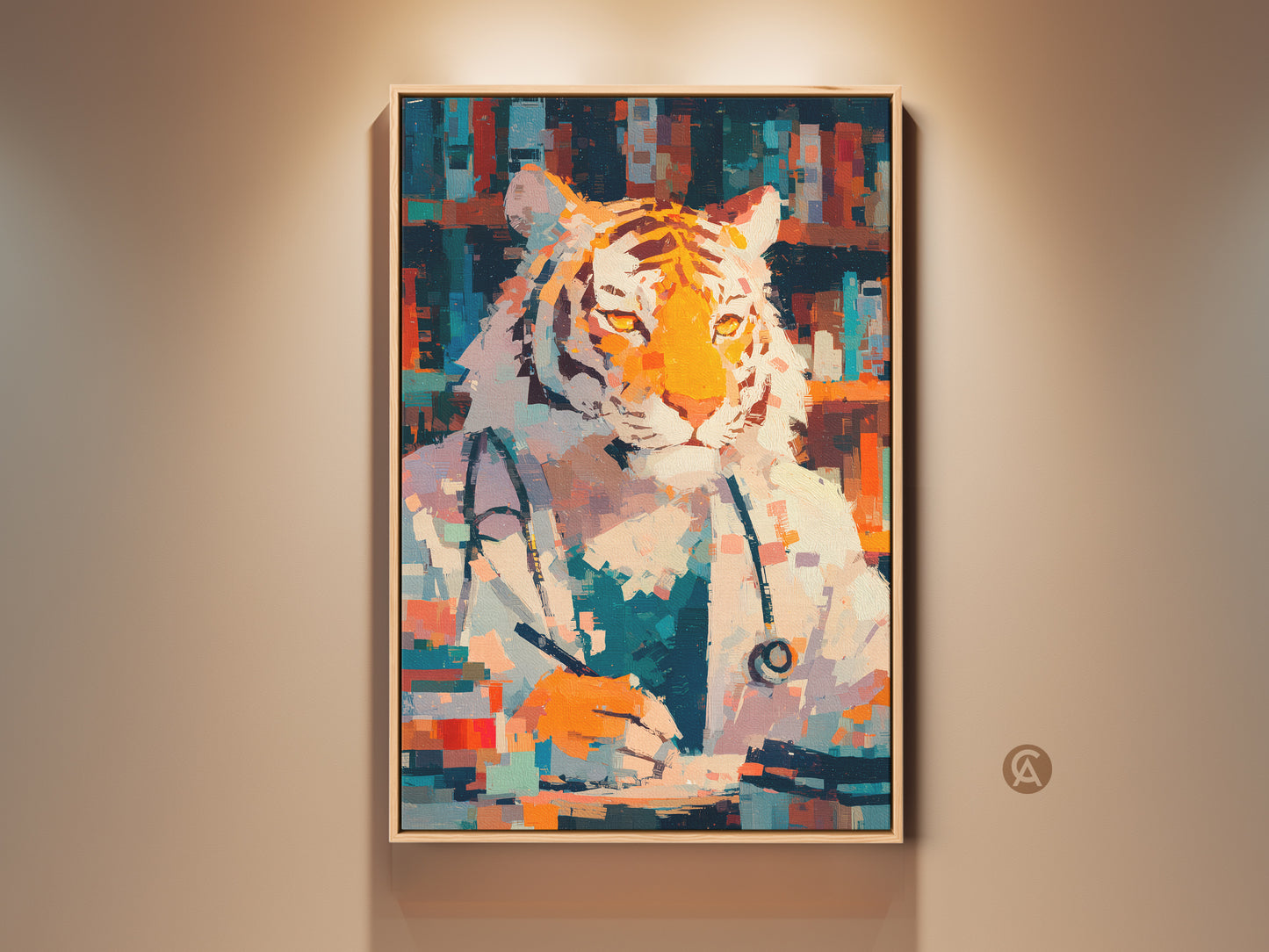 Framed tiger doctor artwork hangs on a wall. This unique oil painting features a tiger wearing a doctor's coat and stethoscope. A creative addition to any home or office decor. This artwork is a conversation starter.  Perfect for animal lovers and medical professionals