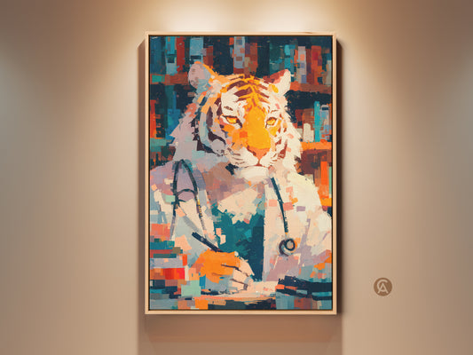 Framed tiger doctor artwork hangs on a wall. This unique oil painting features a tiger wearing a doctor's coat and stethoscope. A creative addition to any home or office decor. This artwork is a conversation starter.  Perfect for animal lovers and medical professionals