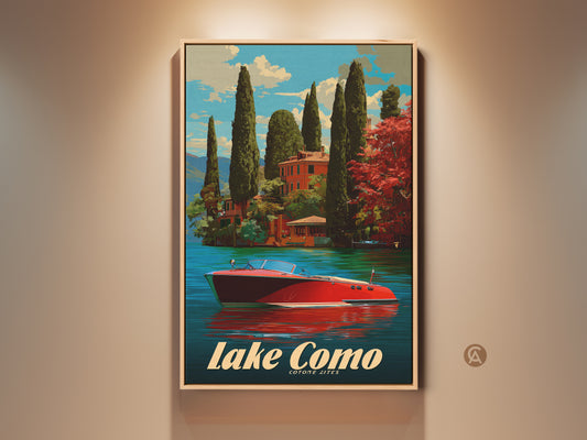 Enhance your space with this Lake Como art print. The retro Italian poster features a red speedboat. This travel wall art is ideal for adding a touch of vintage charm to any bedroom or living room. The piece captures the essence of Lake Como's scenic beauty. It is a perfect gift for travel and boat enthusiasts alike.