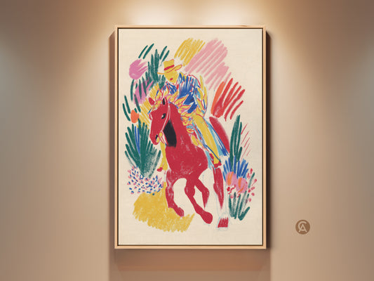Equestrian art print featuring a red horse rider in modern folk style. This vibrant canvas adds character to any space. Perfect entryway decor for horse lovers. This is a captivating wall art piece for eclectic home decor settings. The artwork has bold strokes and a vivid color palette.