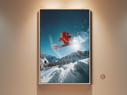 Framed ski art print. A skier catches air against a backdrop of snow-covered mountains. Bright sunlight adds drama to the scene. This artwork is perfect for ski enthusiasts. It is ideal for adding an adventurous touch to any room. A great conversation starter