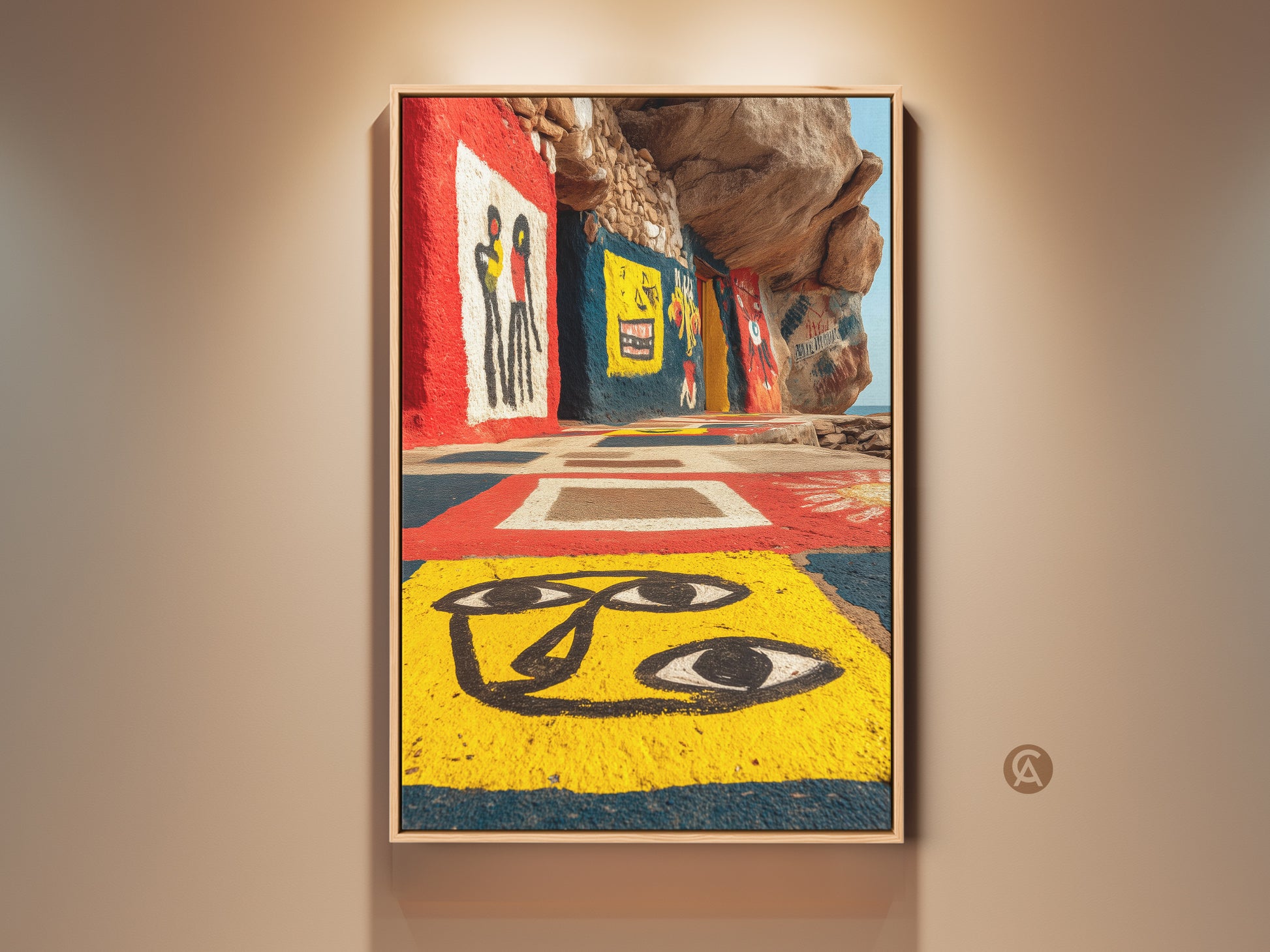 Discover a captivating figurative art print with Art Brut style. This yellow red blue faces canvas adds eclectic wall decor to your home. This outsider art brings a unique touch to any room. Perfect for art lovers seeking bold color canvas art and unique decor.