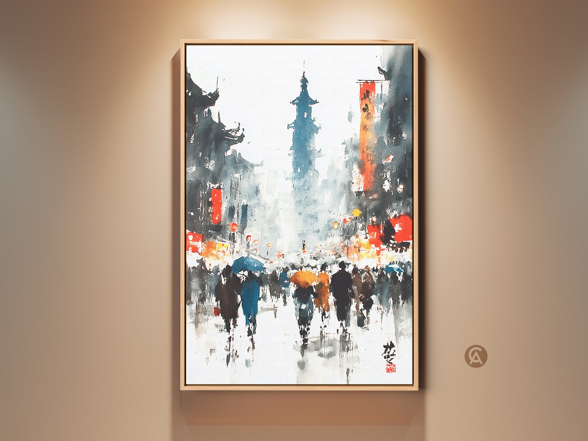 This is a captivating watercolor art print. It shows a rainy Asian cityscape with figures holding umbrellas. The artwork is framed and adds a touch of culture to any room.