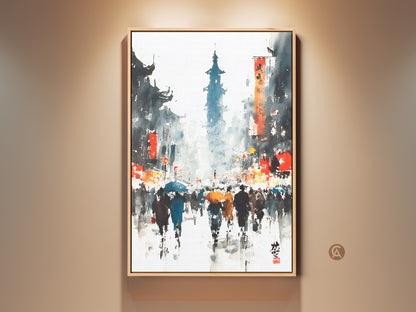 This is a captivating watercolor art print. It shows a rainy Asian cityscape with figures holding umbrellas. The artwork is framed and adds a touch of culture to any room.