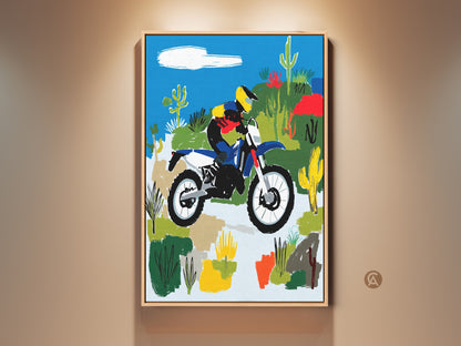 Vibrant motocross desert art features a rider in action. This canvas print showcases a dirt bike scene with blue yellow and green tones. Perfect man cave or garage decor. This outdoor sports artwork brings an adventurous feel to any space. It is an ideal birthday gift for motocross fans.