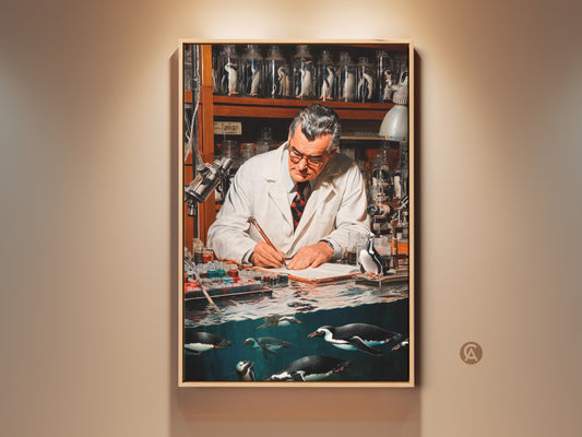 Surreal science art print featuring a scientist and penguins. This vintage-style artwork blends science with whimsy. Navy brown and teal create an eclectic office decor piece. Perfect quirky research decor for science enthusiasts. Fine art print adds conversation to any room. It's a unique gift for those who love science and art.