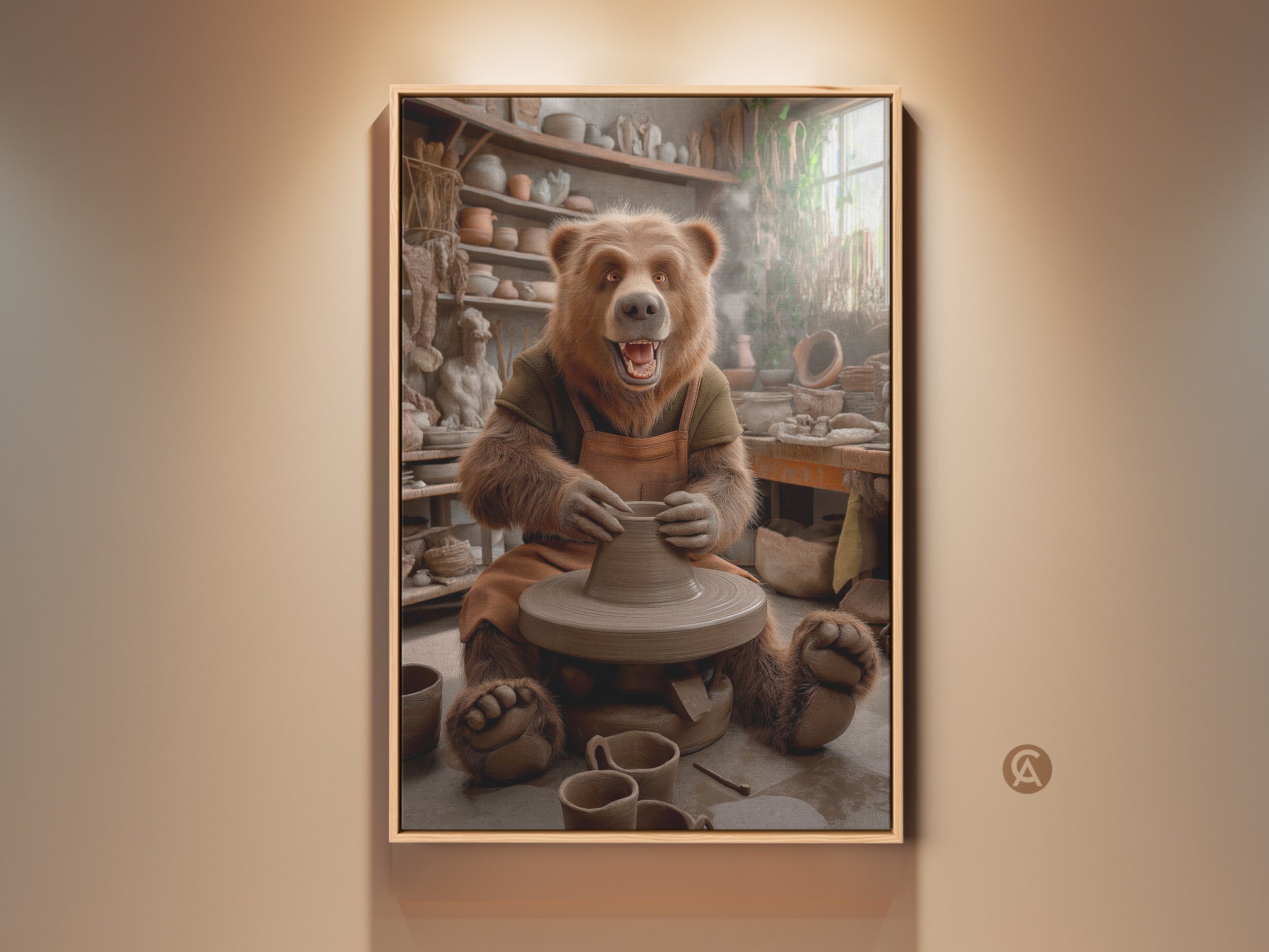 A charming brown bear sits at a pottery wheel. The whimsical animal art print captures a rustic studio scene. Earth tones dominate this canvas art. It's an ideal gift for pottery enthusiasts. The bear creates pottery adding warmth to home decor. It's an eclectic and cozy piece of animal wall decor.