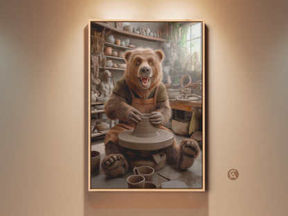A charming brown bear sits at a pottery wheel. The whimsical animal art print captures a rustic studio scene. Earth tones dominate this canvas art. It's an ideal gift for pottery enthusiasts. The bear creates pottery adding warmth to home decor. It's an eclectic and cozy piece of animal wall decor.