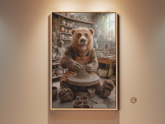 A charming brown bear sits at a pottery wheel. The whimsical animal art print captures a rustic studio scene. Earth tones dominate this canvas art. It's an ideal gift for pottery enthusiasts. The bear creates pottery adding warmth to home decor. It's an eclectic and cozy piece of animal wall decor.
