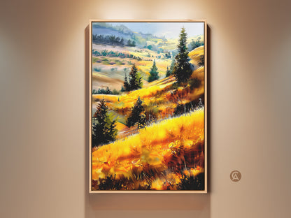 Rustic landscape canvas print in a floating frame. The golden hills and trees artwork adds a warm impressionistic touch to bedroom decor. The nature wall art is a housewarming gift.