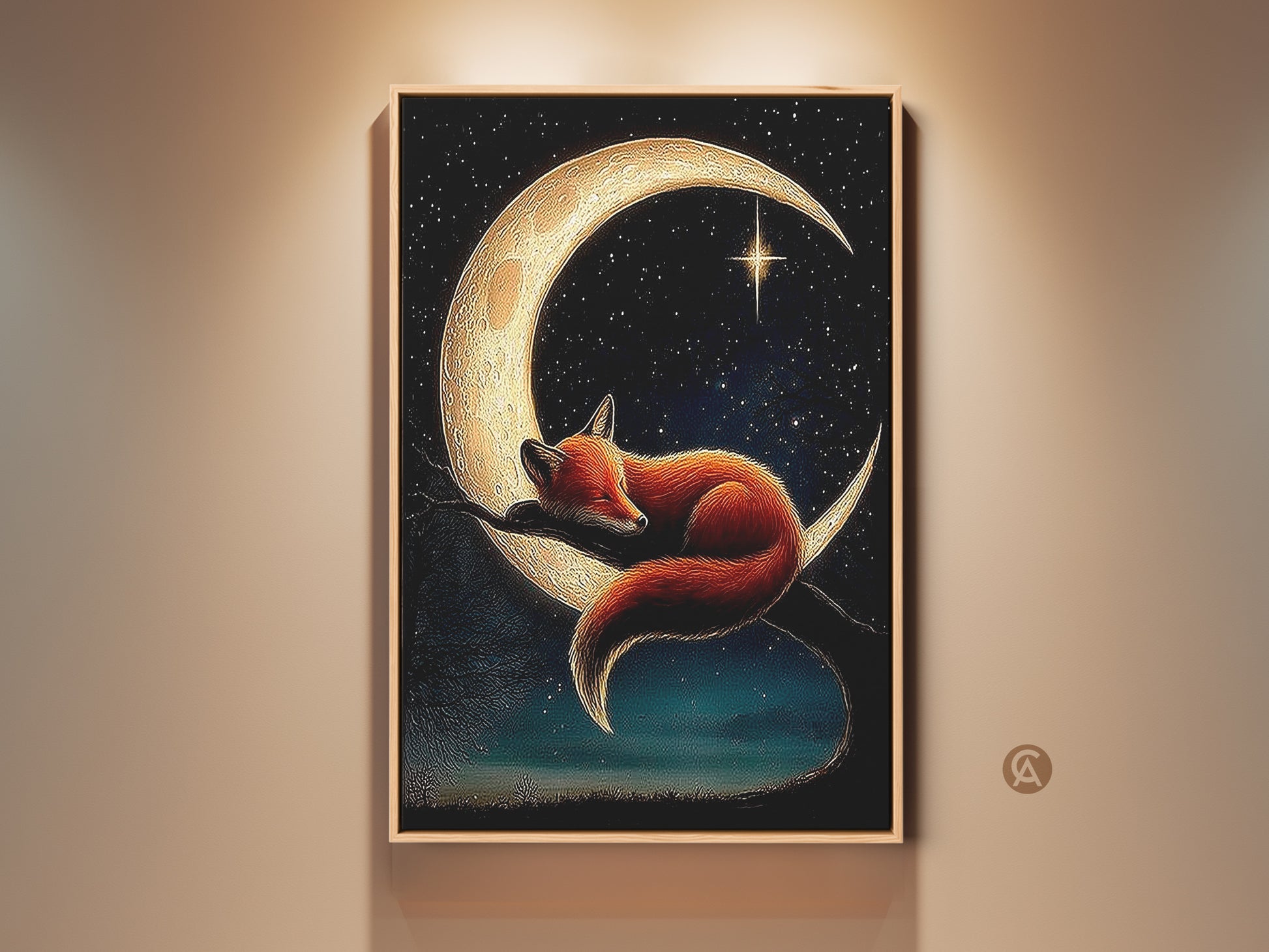 Framed Bohemian Fox Moon Wall Art Print. Features a sleeping fox on a golden crescent moon. This celestial nursery decor in golden yellow and dark blue adds magic to any room. A beautiful baby shower gift idea.