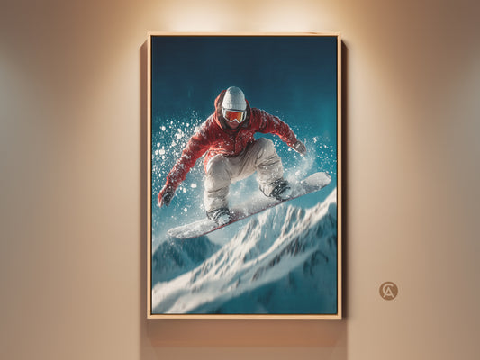 A snowboarder catches air in this dynamic artwork. Framed and ready to hang this vibrant piece captures the thrill of winter sports. The artwork is ideal for adding energy to any room. It is perfect for sports enthusiasts looking for art.