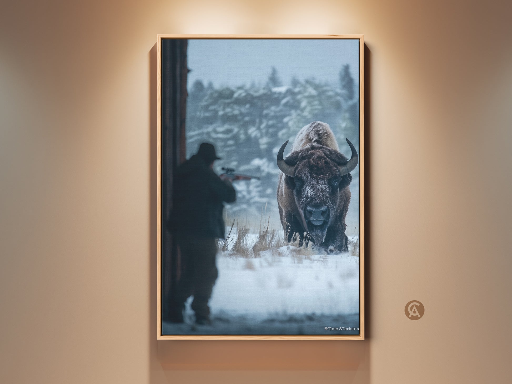 Dramatic canvas art featuring a hunter aiming at a bison in a snowy landscape. This framed artwork captures a tense moment in nature. The gallery-wrapped canvas adds depth. Perfect for wildlife art collectors. Add this striking piece to your home decor. Shop now for unique wall art.