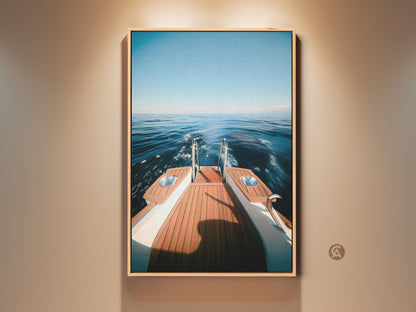 Experience the thrill of yachting with this captivating canvas print. Showcasing a deep blue ocean view from the yacht's stern. The artwork brings coastal nautical charm to your entry hall decor. A perfect housewarming gift for boat owners. This photorealistic ocean art captures a summer vibe. The luxury yacht art creates a modern nautical decor.