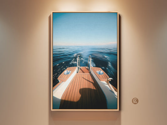 Experience the thrill of yachting with this captivating canvas print. Showcasing a deep blue ocean view from the yacht's stern. The artwork brings coastal nautical charm to your entry hall decor. A perfect housewarming gift for boat owners. This photorealistic ocean art captures a summer vibe. The luxury yacht art creates a modern nautical decor.