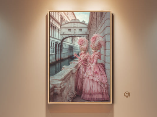 Two elegant masquerade figures pose by a Venice bridge. This pink vintage carnival art captures a scene of Venetian culture. The artwork brings historical glamour to any room. Add a touch of festive tradition to your home decor with this unique canvas print.
