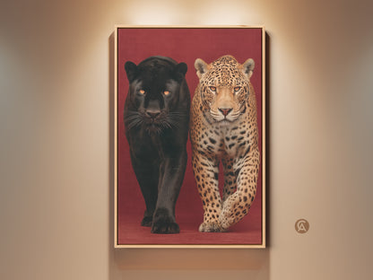 Photorealistic jaguar and black panther canvas art. It's a contemporary wildlife animal artwork. Golden brown wall decor adds a touch of the wild. Perfect for animal lovers. This animal portrait wall art enhances study or office decor. A dramatic regal animal print ready to hang as jungle home decor