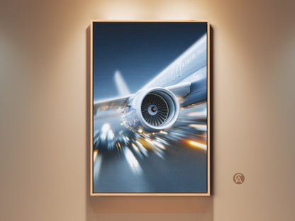 Framed futuristic jet engine art print in a room setting. This modern aviation wall decor features deep blue silver and yellow orange hues. A perfect office tech gift adding contemporary style.