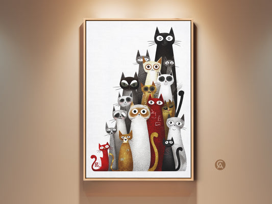 Eclectic cat wall art featuring a group of cartoon cats in black white and red. This unique feline artwork is framed perfect as a gift for cat moms and dads. The art complements eclectic and modern home styles. It's a versatile choice for any room adding charm and color.