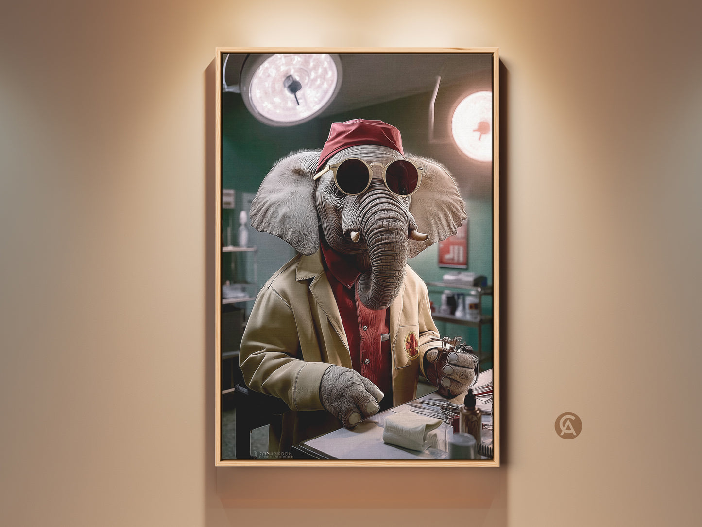 Surreal elephant doctor art displayed in a frame. This unique artwork features an elephant dressed as a doctor in a beige lab coat. It's a funny medical office decor idea. The print includes surgical tools making it an eclectic and humorous wall art piece. Consider it as a gift for doctors or vets.