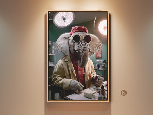 Surreal elephant doctor art displayed in a frame. This unique artwork features an elephant dressed as a doctor in a beige lab coat. It's a funny medical office decor idea. The print includes surgical tools making it an eclectic and humorous wall art piece. Consider it as a gift for doctors or vets.