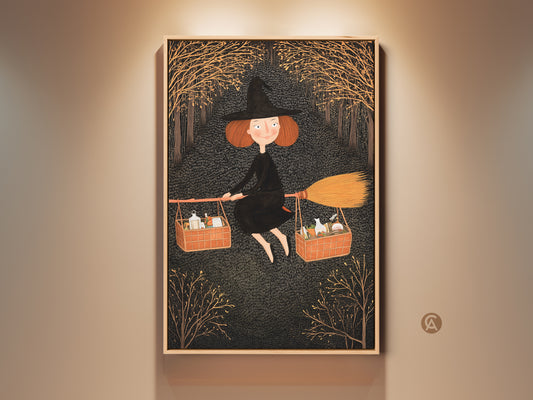 Black and gold witch on broomstick wall art. A whimsical Halloween art print perfect for a kids room. The fantasy themed home decor features a witch flying with baskets. This folklore inspired artwork adds charm to any space Halloween enthusiasts will adore this unique piece.