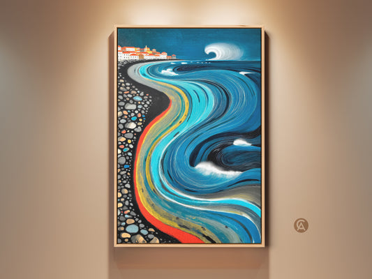 View an expressive abstract canvas art print of a coastal town landscape. The turquoise blue ocean wave canvas is framed in a natural wood finish. It's a vibrant addition to eclectic home decor.