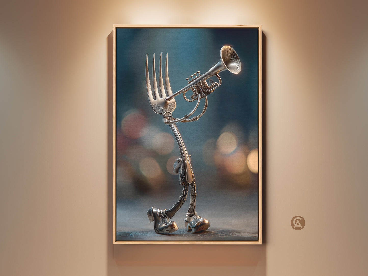 A whimsical art piece shows a fork with legs and shoes. It is playing a trumpet. The artwork has a surreal quality. It is available as framed canvas art or a poster print. Perfect for music lovers and unique decor.