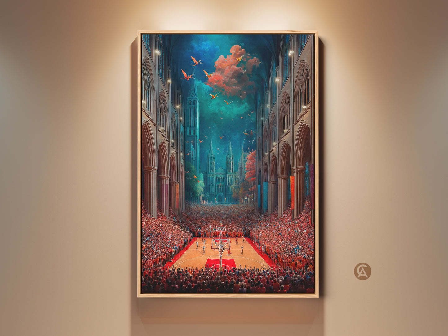 Framed surreal basketball cathedral artwork hangs on a wall. It combines gothic architecture with a sports theme. The print creates an eclectic statement piece for any room. Find unique sports fan gifts and office decor here.