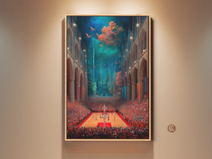 Framed surreal basketball cathedral artwork hangs on a wall. It combines gothic architecture with a sports theme. The print creates an eclectic statement piece for any room. Find unique sports fan gifts and office decor here.
