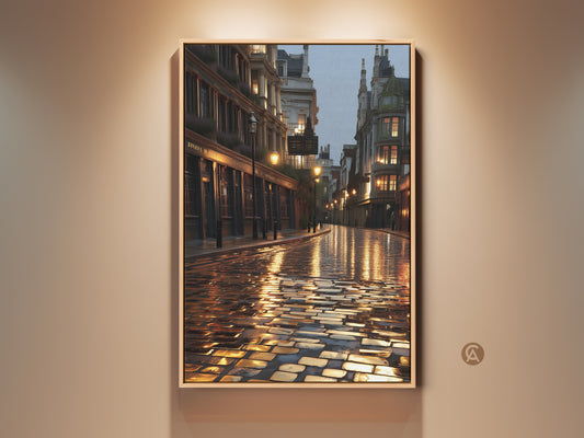 This canvas art captures a cozy London rainy night scene. Lamplit cobblestone reflects warm ochre tones. The vintage cityscape print brings a British street scene to life. Perfect wall decor for a living room. It adds a touch of romantic urban art to your home. A nostalgic piece with soft lighting.