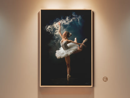 Framed ballerina art. Graceful dancer en pointe with magical smoke effect. A stunning piece of artwork perfect for dance lovers. This framed art adds elegance to any space. High-quality print shows every detail.