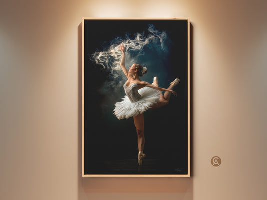 Framed ballerina art. Graceful dancer en pointe with magical smoke effect. A stunning piece of artwork perfect for dance lovers. This framed art adds elegance to any space. High-quality print shows every detail.