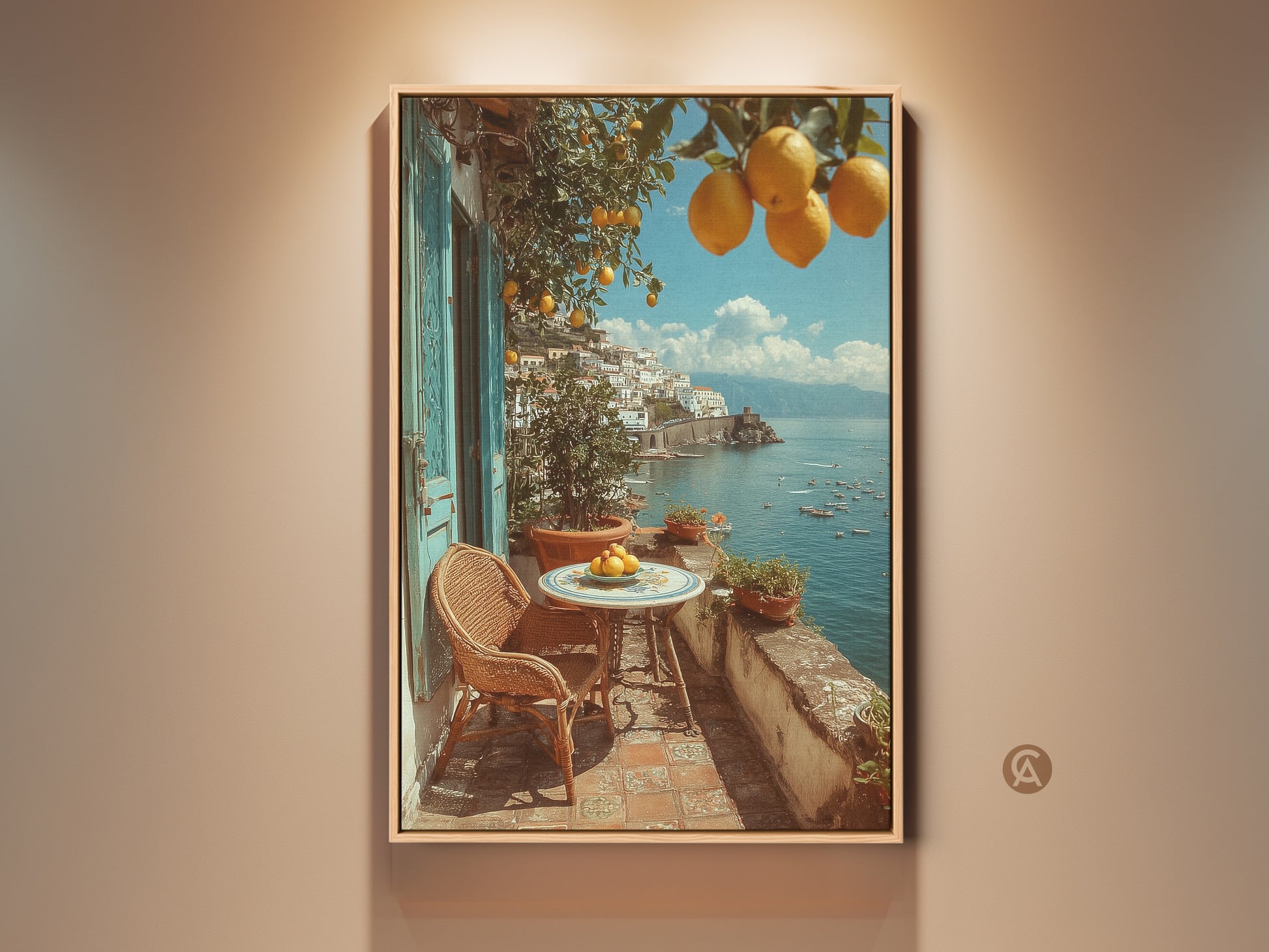 Mediterranean Lemon Art Print. This coastal villa artwork shows a sun-drenched balcony with a wicker chair. Lemons hang overhead with a beautiful view of the blue ocean and coastal town. Perfect travel lover housewarming gift. Bring summer vacation vibes to your living room decor with this yellow orange blue landscape art.