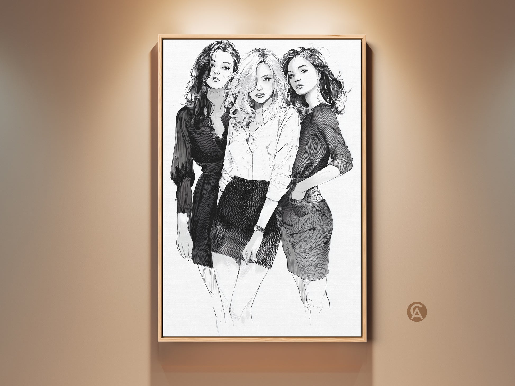 Framed sketch art print of three monochrome women fashion models. This black and white line art is contemporary portrait wall decor. Perfect stylish wall hanging for modern home decor.