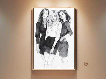 Framed sketch art print of three monochrome women fashion models. This black and white line art is contemporary portrait wall decor. Perfect stylish wall hanging for modern home decor.