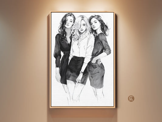 Framed sketch art print of three monochrome women fashion models. This black and white line art is contemporary portrait wall decor. Perfect stylish wall hanging for modern home decor.
