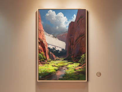Stunning Red Canyon Dam landscape wall art. The nature artwork features a contemporary style. A lush green valley and flowing stream add to the scenic view. This canvas print is a perfect gift for travelers and art lovers alike.