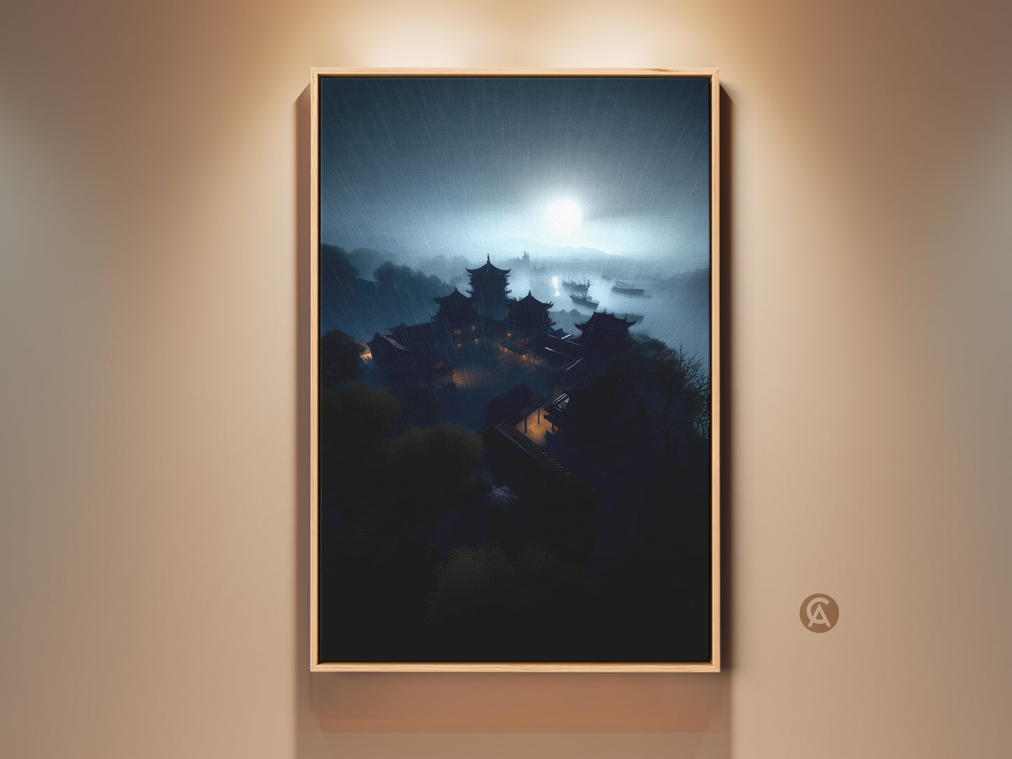 Framed Rainy Night Pagoda Art Print. This Asian architecture landscape features a dark academia canvas wall art. The deep teal and misty blue tones create a unique study room decor piece. Perfect for eclectic homes and art collectors. A captivating housewarming gift.