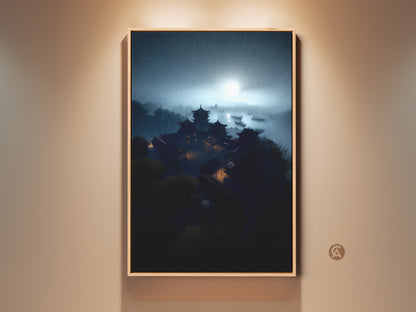 Framed Rainy Night Pagoda Art Print. This Asian architecture landscape features a dark academia canvas wall art. The deep teal and misty blue tones create a unique study room decor piece. Perfect for eclectic homes and art collectors. A captivating housewarming gift.