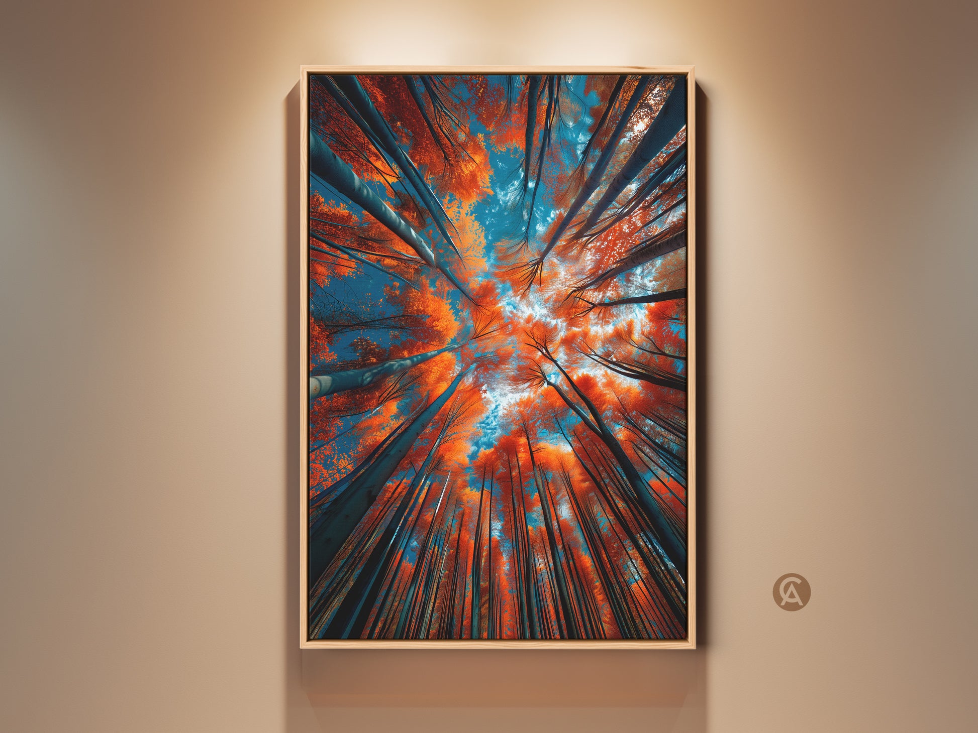 Looking up through the tall trees. This artwork is a framed print. The orange leaves and blue sky create a beautiful contrast. This wall art brings nature indoors. Perfect for any room. Buy this framed artwork today